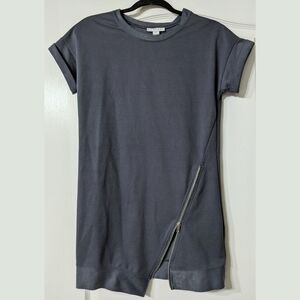 Grey Diagonal Zipper Cuffed Sleeve Asymmetrical Sweatshirt Mini Dress sz Small
